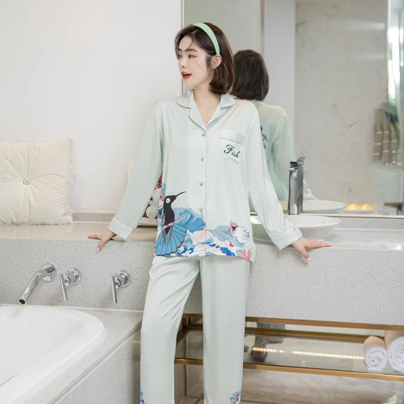 Pajamas Set Women's Spring Summer New Korean Version Thin Nightwear Lapel Cardigan Nightgown Two Piece Suit Homewear Sleepwear