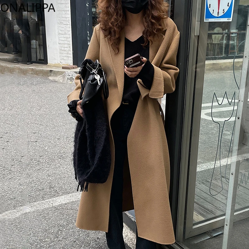 

Женское пальто ONALIPPA в Корейском стиле ретро, нежное Элегантное Длинное Однотонное шерстяное пальто с лацканами и поясом на талии, зима 2021