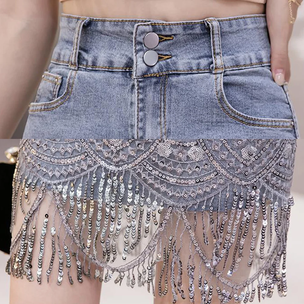 

Skinny Party Women Denim Mini Skirt Fashion Summer Sexy Sequined Tassel Skirt Blue Package Hip Jeans Harajuku Plus Size Cotton