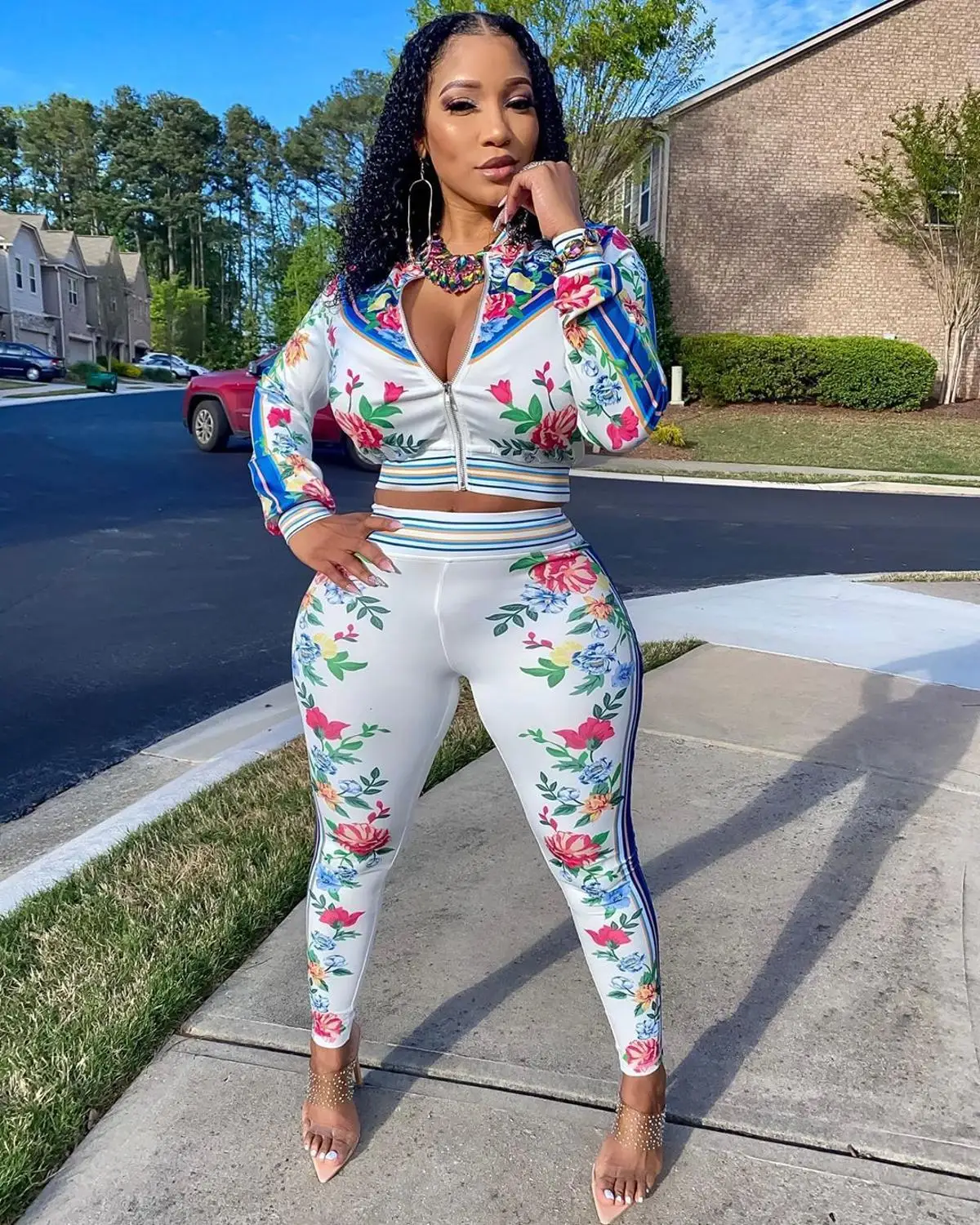 

2020 New Arrival Streetwear Women Floral Print Front Zip Jacket And Slim Pencil Trousers Office Lady Suit 2 Piece Set Tracksuit