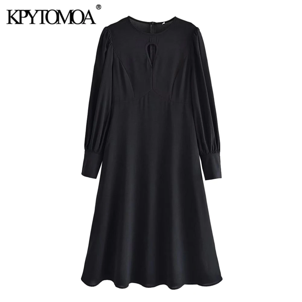 

KPYTOMOA Women 2021 Elegant Fashion Hollow Out Fitted Midi Dress Vintage Long Sleeve Back Zipper Female Dresses Vestidos Mujer