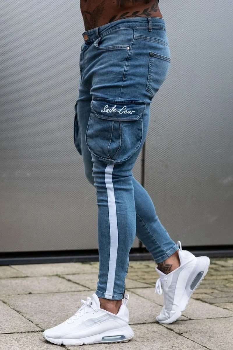 Fashion New Men's White Stripe Splicing Slimming Pants Painted Pockets Jeans Men  Pencil Pants Plus Size Skinny Jeans Men