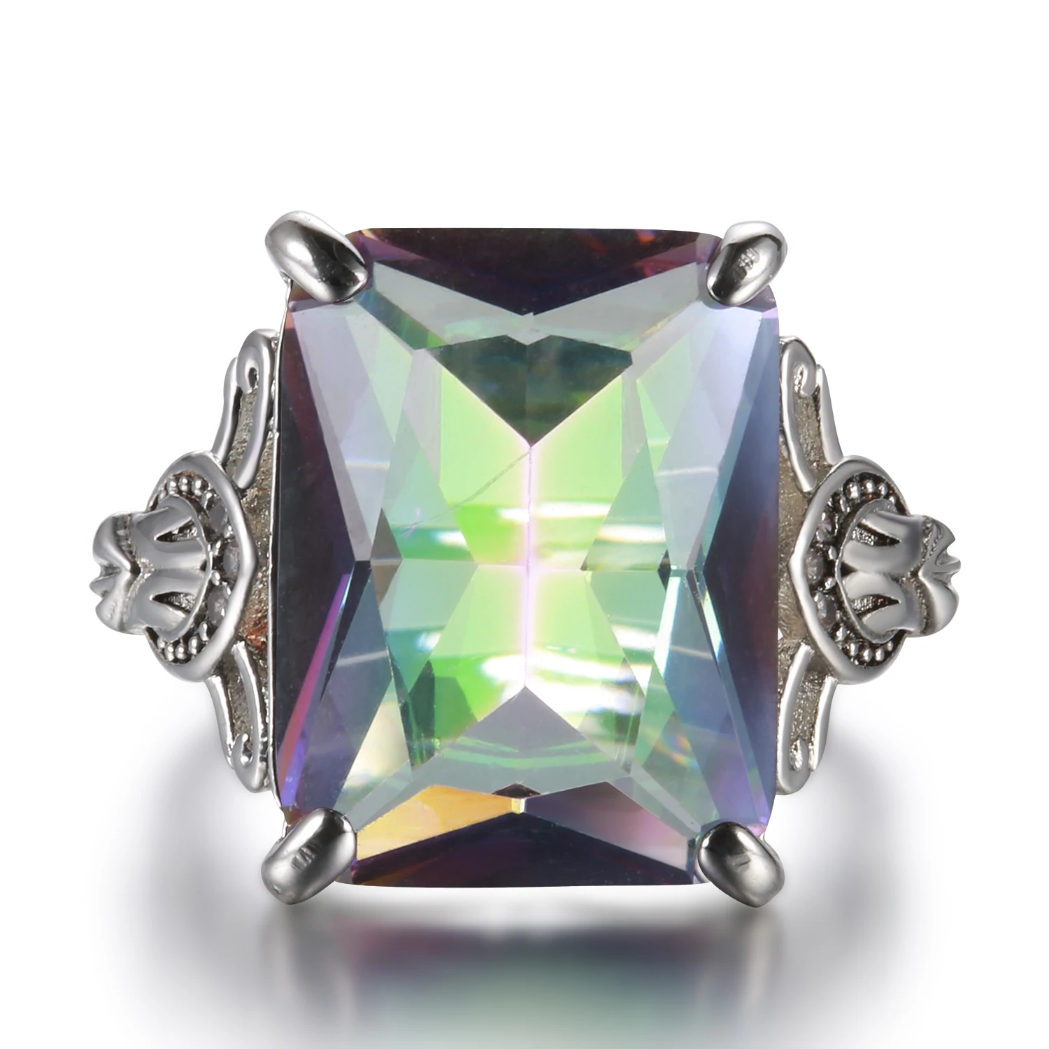 Vinregem 925 Solid Sterling Silver Mystic Rainbow Topaz Gemstone Birthstone Carved Ring Wedding Band Fine Jewelry Drop Shipping | Ювелирные