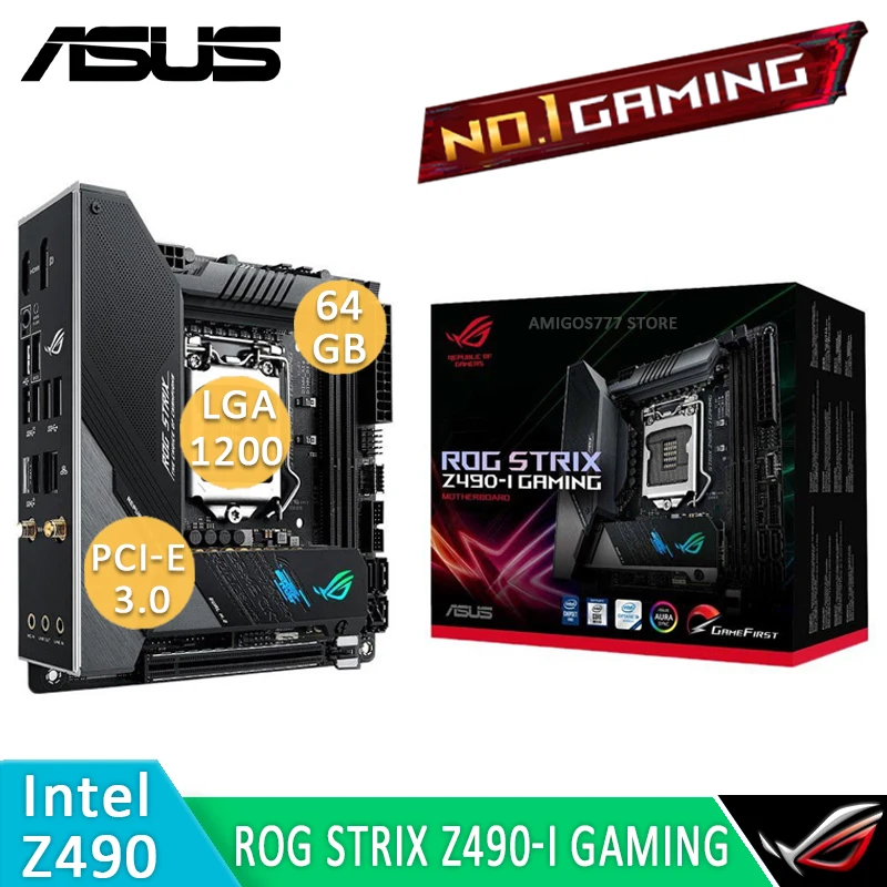 

Материнская плата LGA 1200 Asus ROG STRIX, игровая материнская плата DDR4 64 Гб PCI-E 3,0 M.2 SSD CrossFireX RGB, порт дисплея Z490 Mini-ITX 1200