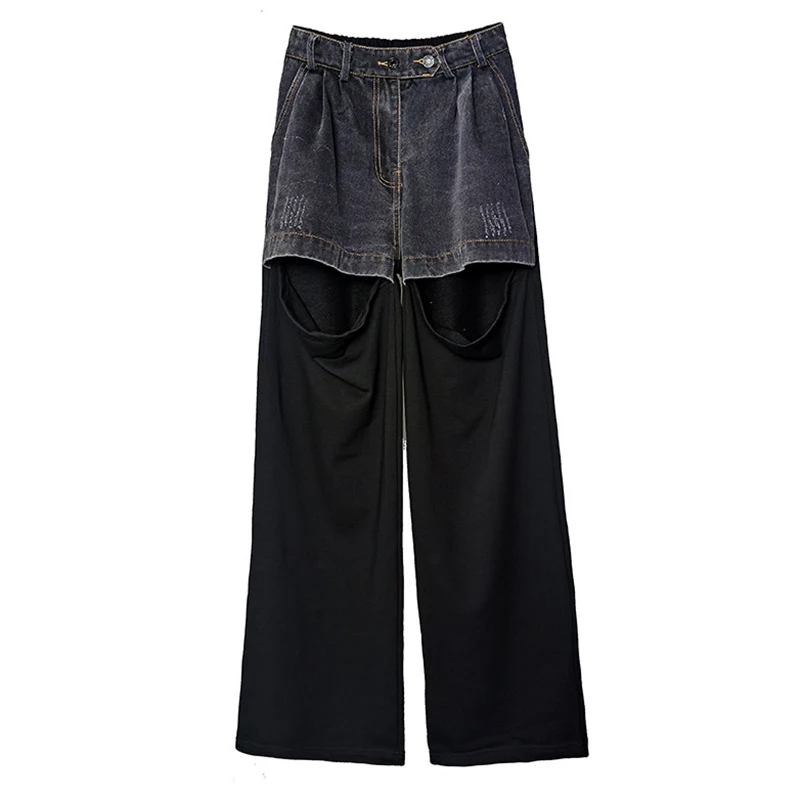 

[EAM] High Waist Black Casual Denim Hollow Out Long Trousers New Loose Fit Pants Women Fashion Tide Spring Summer 2021 1DD8796