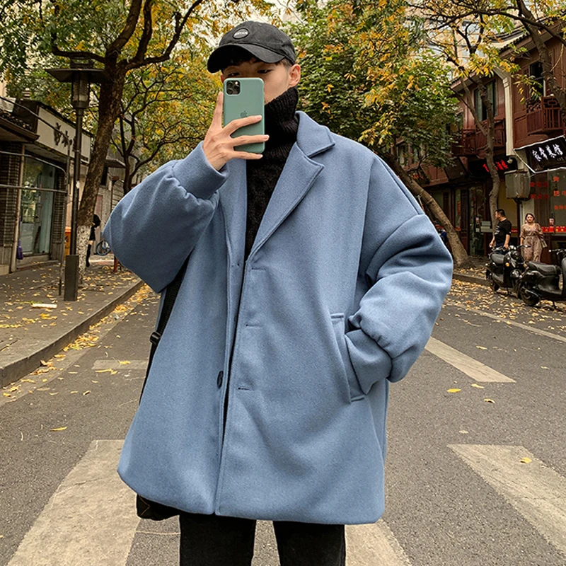 2019 Winter Woolen Coat Men Loose Wild Korean Fashion Windbreaker Men's Overcoat Long Wool Black / Khaki/ Blue M-XXL | Мужская