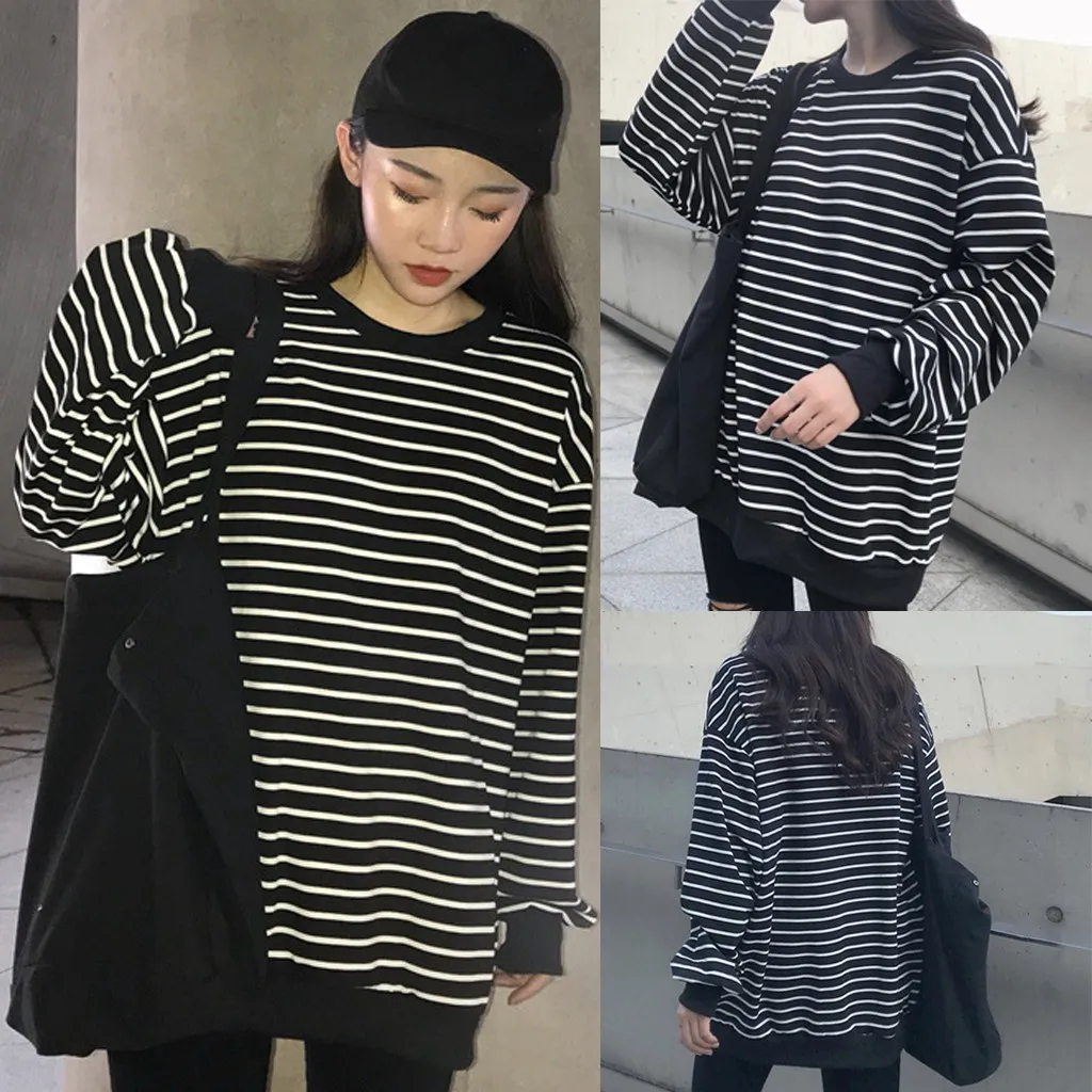Осенние толстовки для женщин 2019 с О образным вырезом в полоску Свободный Топ