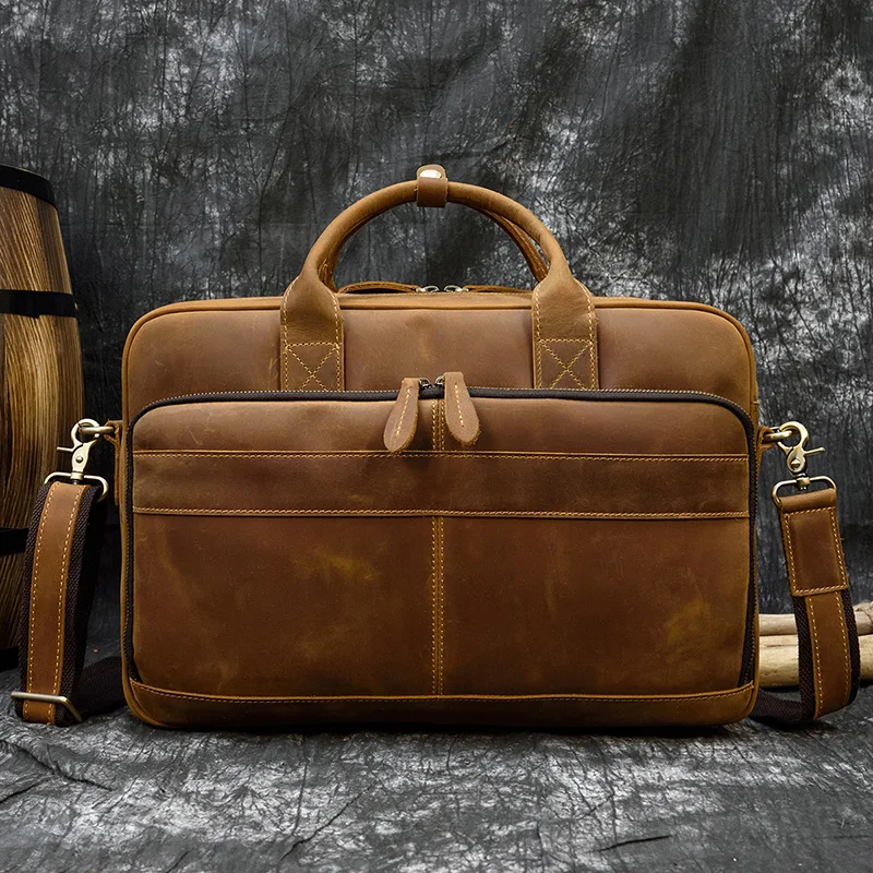 Men's leather briefcase retro handbag high-quality leather shoulder messenger bag computer bag commuter bag