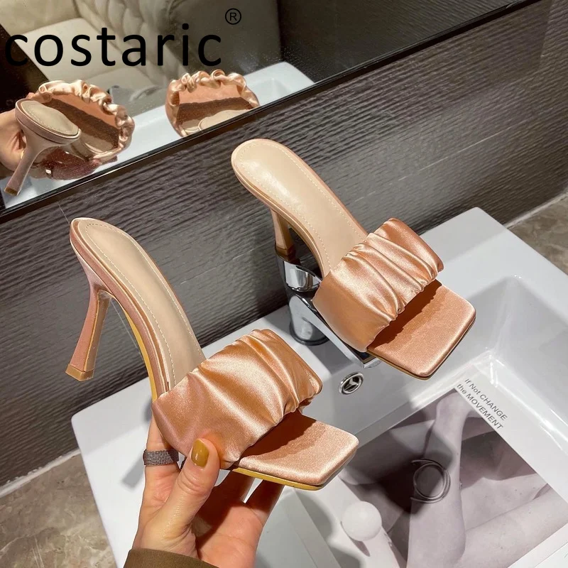 Candy Color Pleated Stiletto Women High Heels Sexy Party Summer Shoes Solid Color Pumps Elegant Square Toe High Heel Slippers