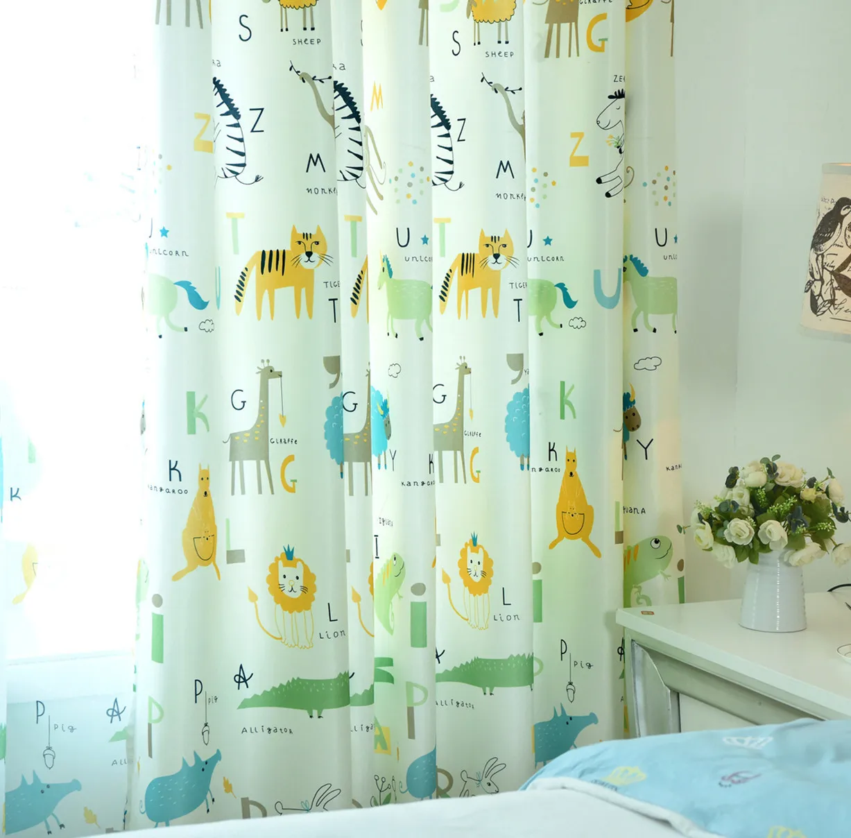 

Modern Nordic Plant Cotton and Linen Individual Curtain Custom Living Room Bedroom English Cartoon Finished Curtain Animal
