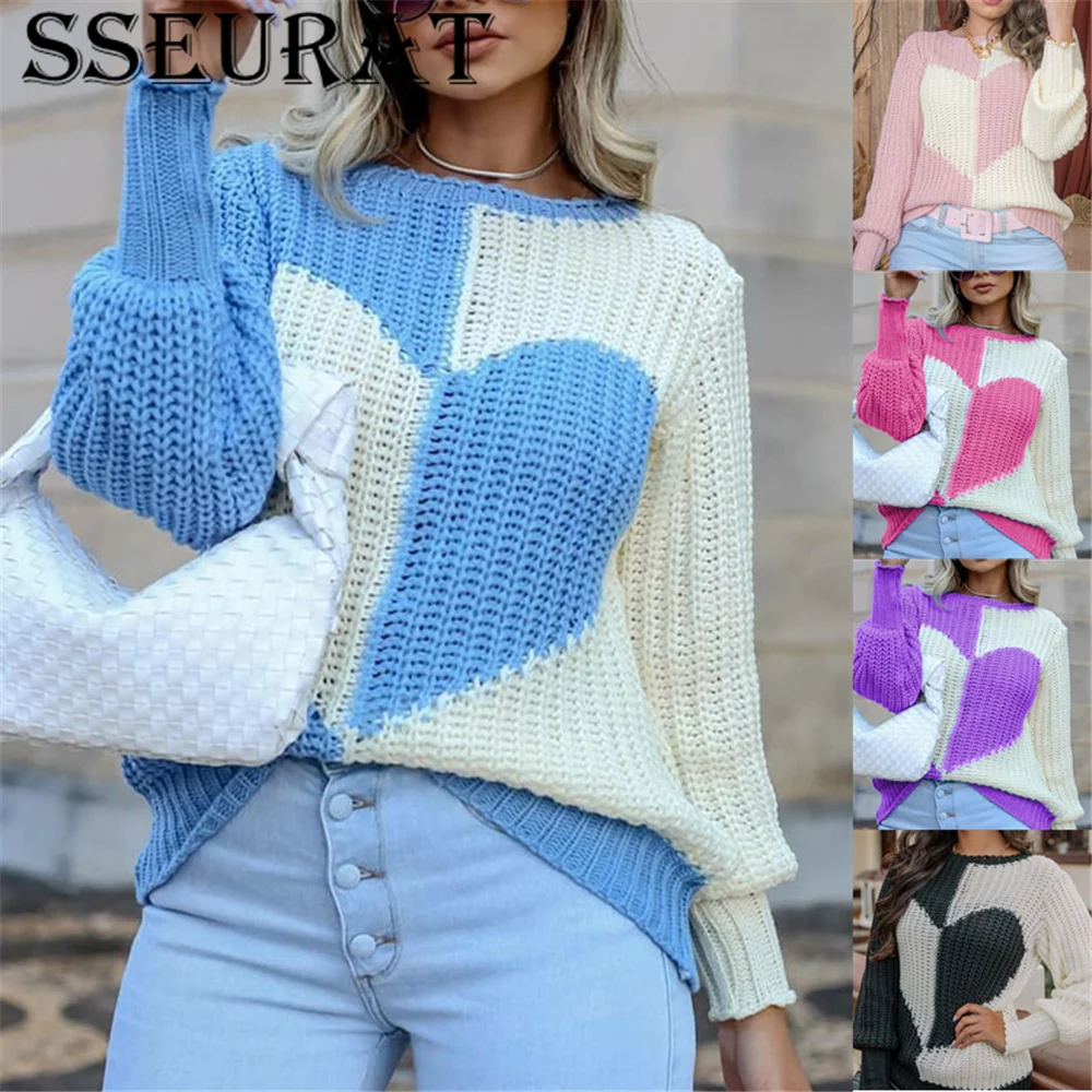 

SSEURAT Knitted Women's Sweaters Autumn Flared Sleeves O-neck Patchwork Loose Pullovers Female Sweet Loose Casual Top
