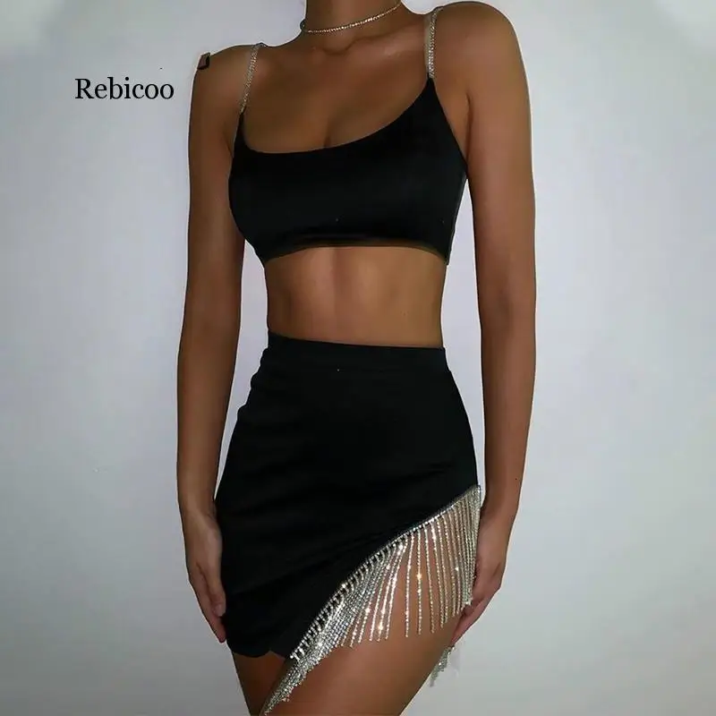

long Tassel Hot Diamond Two Piece Set Elastic Satin Backless Crop Top And Mini Skirts 2 Piece Sets Women Summer Stylish Outfits