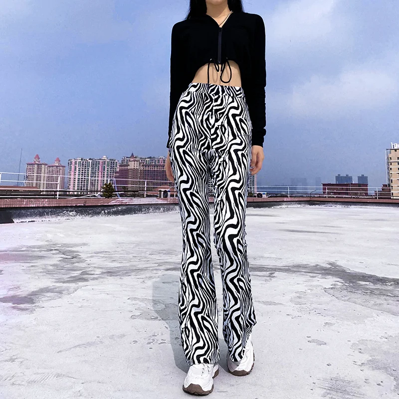Брюки женские с широкими штанинами и полосками зебры модные повседневные