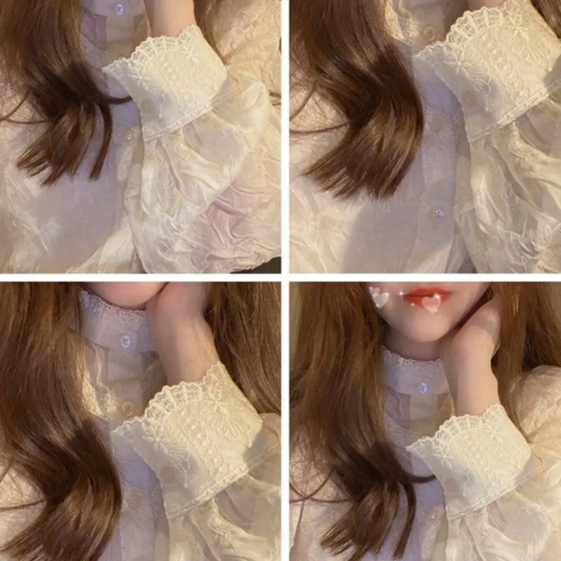 

Stand Collar Hollow Out Lace Patchwork Blouse Long Sleeve Femme Blusas All-Match Women Shirt Chic Button White Spring T12101X