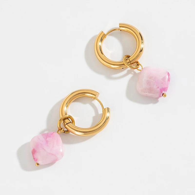 

ZJ Street Style Gold Color Minimalist Geometrical Pink Natural Stone Pendant Hoop Earrings Stainless Steel Women Simple Jewelry