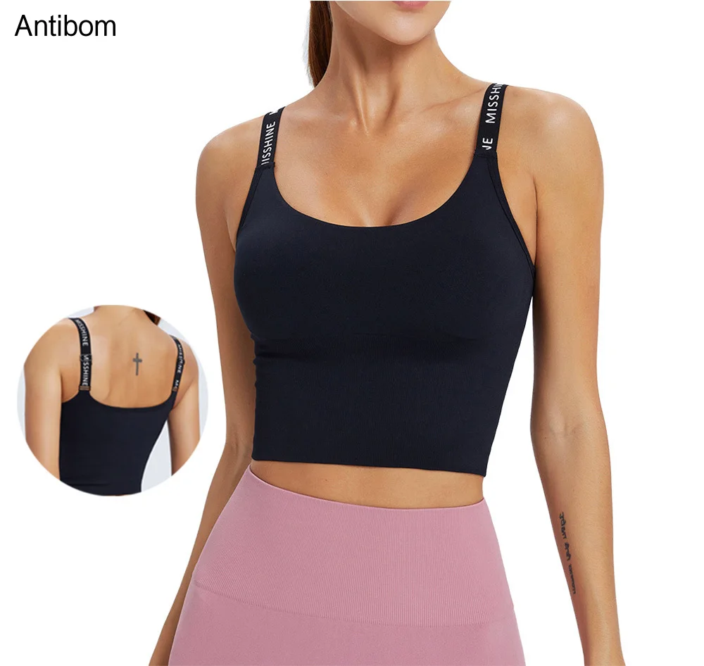 

Antibom Woman Sports Bra Shockproof Crop Top Yoga Vest Fitness Workout Jog Padded Underwear Elastic Adjustable Letter Straps Bra