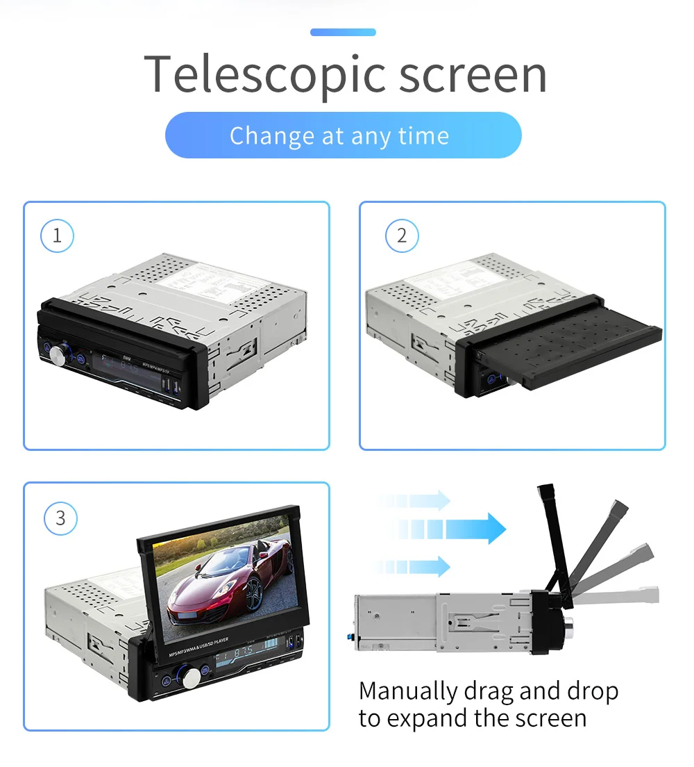 7" Retractable Car Stereo Multimedia Din MP5 Player Remote Control Touch Screen Mobile Interconnection/Rearview/TF Card/AUX/USB |