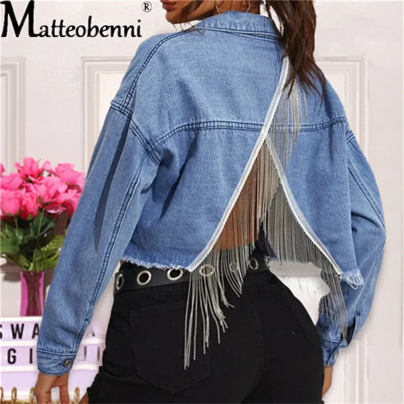 

Women Sexy Backless Cropped Denim Jackets Vintage Long Sleeve Tassels Short Jeans Coat Autumn Female Solid Casual Bomber Jackets