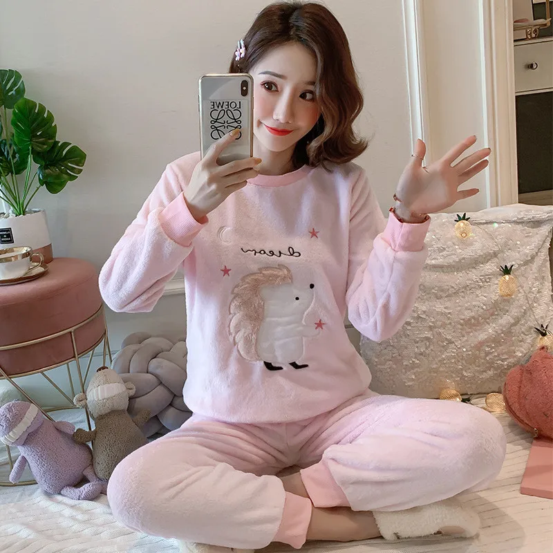 Зимняя женская пижама комплект мультяшная теплая Пижама ночная одежда с