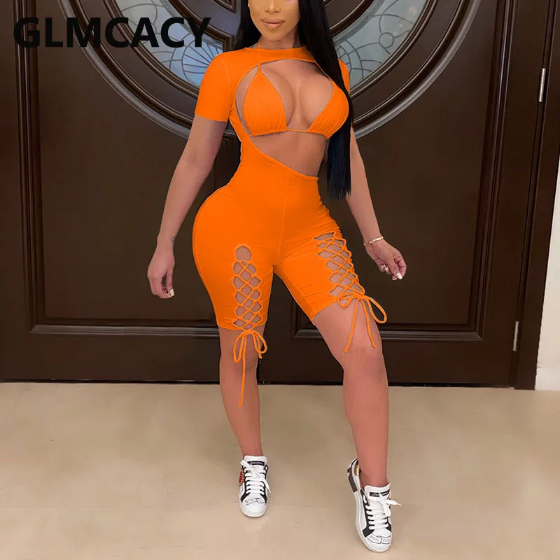 

Women Solid Cut Out Sexy Rompers Lace Up Night Party Clubwear Chic Playsuit with Bra