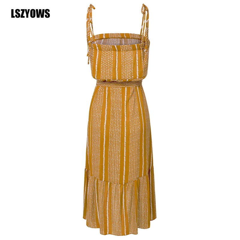 

Irregular Ruffles Dress Women 2021 Sleeveless Spaghetti Strap Casual Loose Beach Sundress Striped Print Summer Maxi Long Dresses