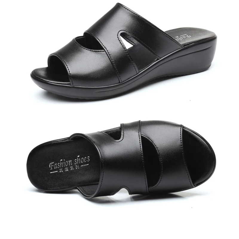 

GKTINOO Women Slippers Shoes Genuine Leather Casual Slides Women Summer Shoes Retro Solid Mother Shoes Wedges Flip Flops Size 43