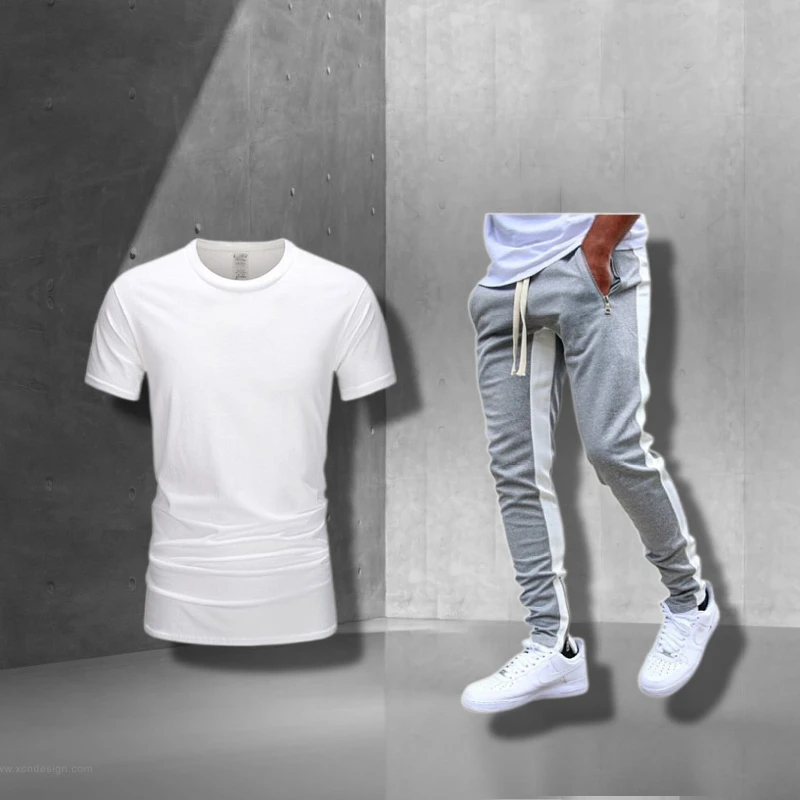 

2021 high-end men's track and field suit sports hedging T-shirt summer fashion suit + casual business pants zipper suit