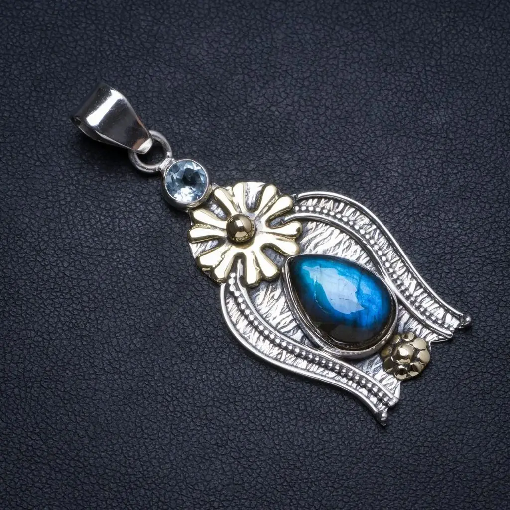 

Natural Blue Fire Labradorite Handmade Unique 925 Sterling Silver Pendant 2" X1047