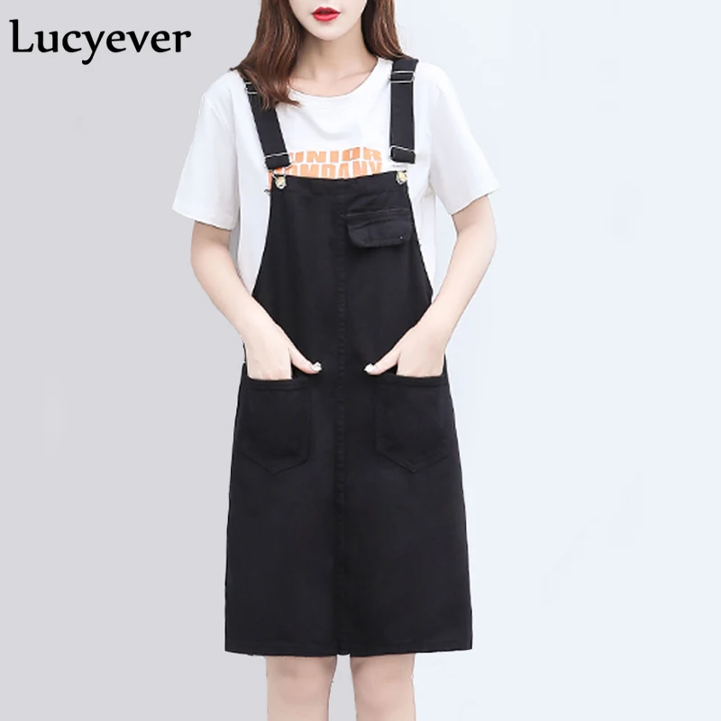 Lucyever Harajuku джинсовое платье женские летние джинсы на подтяжках без рукавов