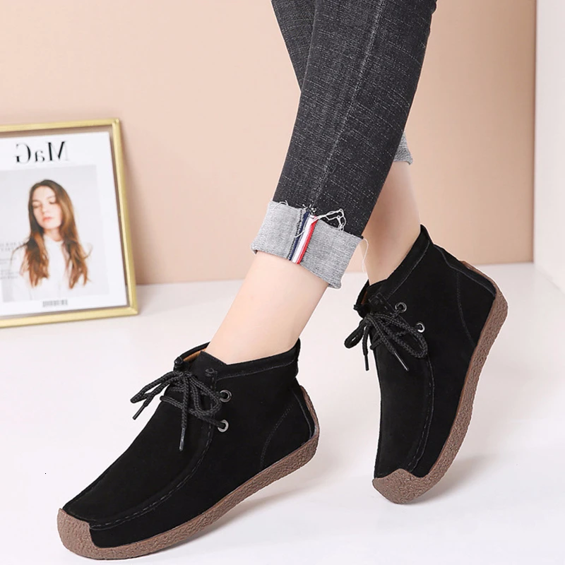Women's Boots Cow Suede 2022 Fashion Casual Ankle Boots Flats Round Toe Casual Lightweight Female Shoes Winter