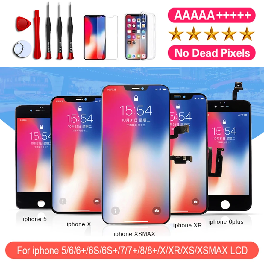ЖК-дисплей для iPhone 6 7 8 6S Plus X XS XR XSMAX сенсорный экран без битых пикселей закаленное
