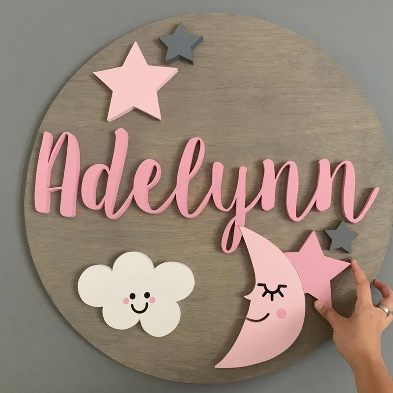Круглый 3d знак имени для детской комнаты с Луной и звездами деревянный именной на