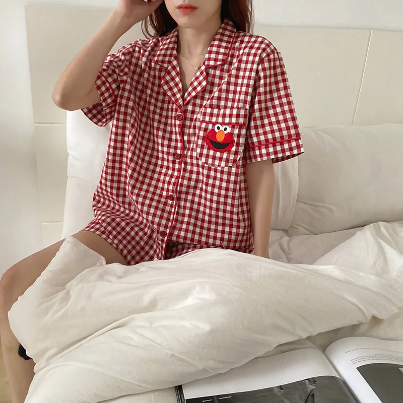 

Cute Cartoon Plaid Homewear Mujer Lapel Summer Sleepwear Sleeping Tops+Shorts Pijama Elegant Girl Lovely Outerwear Clothes S1008