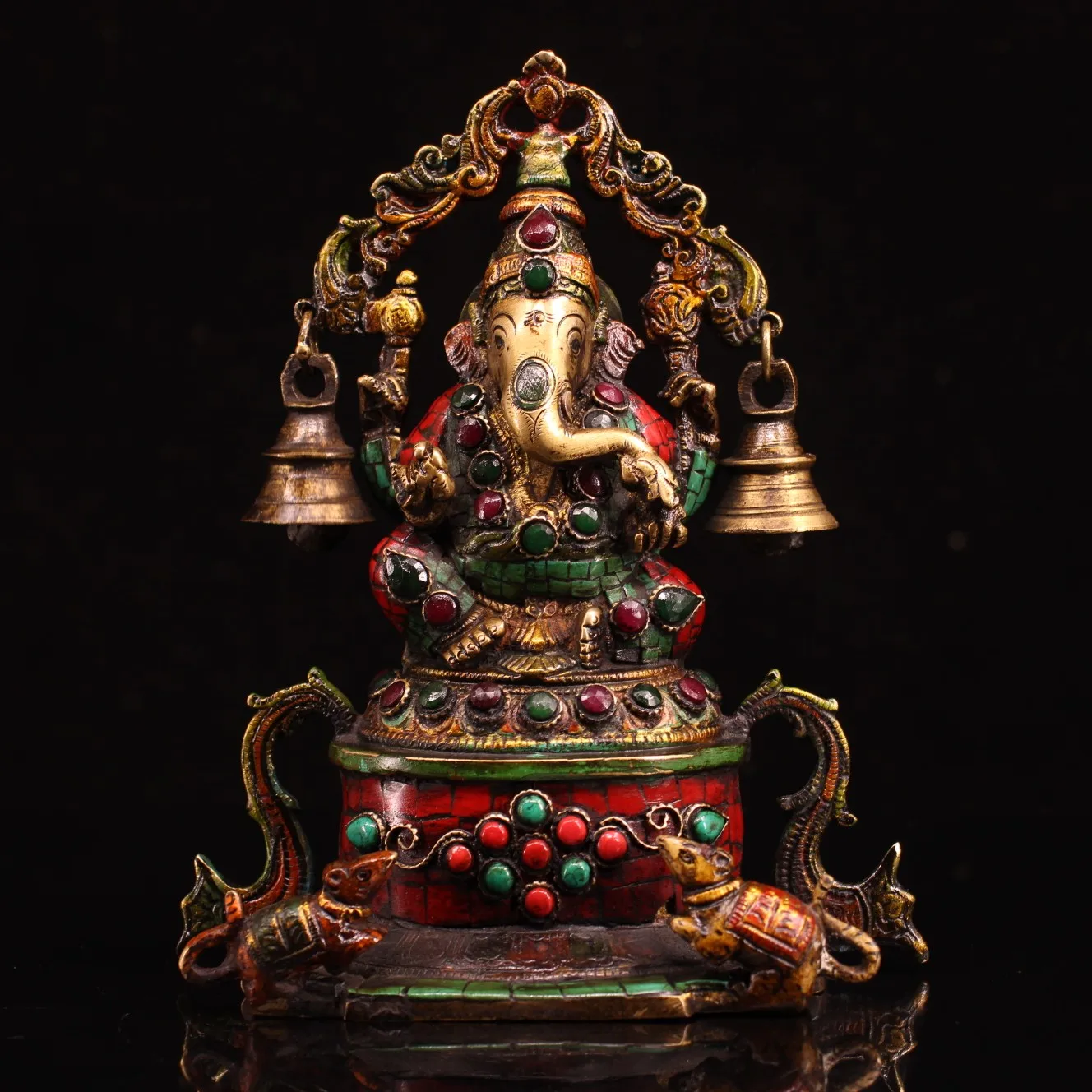 

Home Decor 8"Tibet temple Old Bronze outline in gold Painted Gem Elephant Trunk God of Wealth Bells Rat statue Sitting Buddha