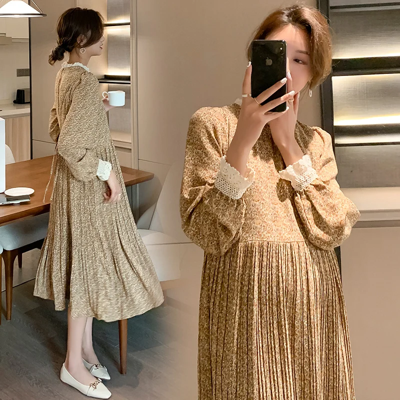 

2021 New Spring Autumn Fashion Maternity Long Dress Floral Printed A Line Loose Clothes For Pregnant Women Ties Waist Pregnancy