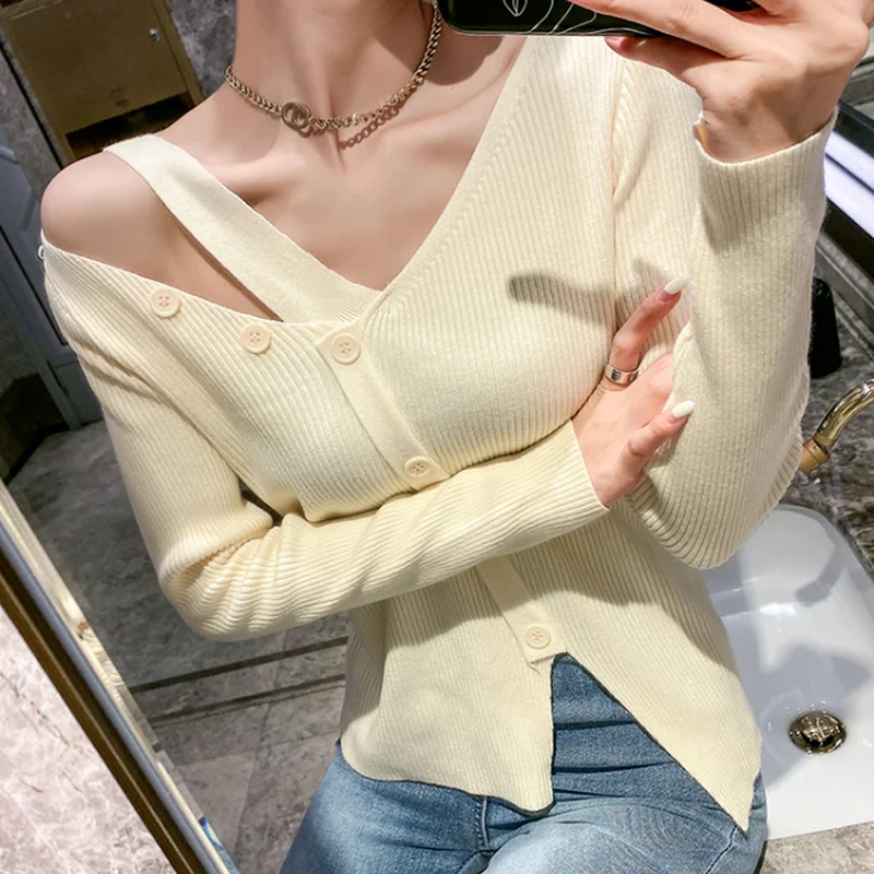 

2022 Autumn Sexy Long Sleeve Knitted Sweater French Style Long-sleeve Top Women's Sweater Fashion Knitwear Slim Sweaters 17419
