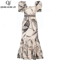 qian han zi fashion runway 100 cotton summer dress 2021 elegant leaf print slim vintage midi dress dresses for women