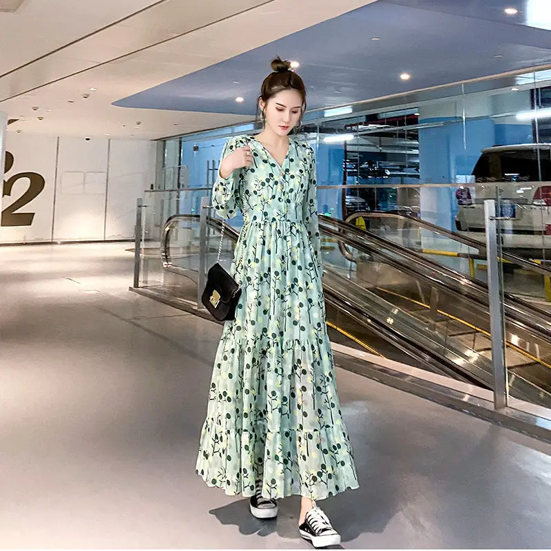 

2021 New Spring Summer Women Elegant Dress Chic V-neck Red Floral High Waist Slim Thin Chiffon Dresses Vestidos Femme Y514