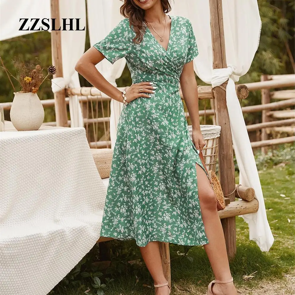 

Ladies Vintage Long Floral Print Dress Women Summer Beach Dress V Neck Short Sleeve Casual Slim Women Sundress Female Vestidos