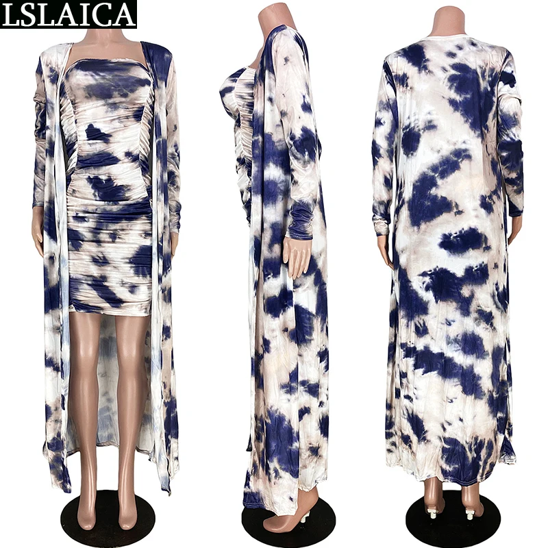 

2 Piece Sets Womens Outfits Fashion Tie Dye Print Long Coat and Sleeveless Ruched Mini Dress Set Autumn Sexy Ensemble Femme