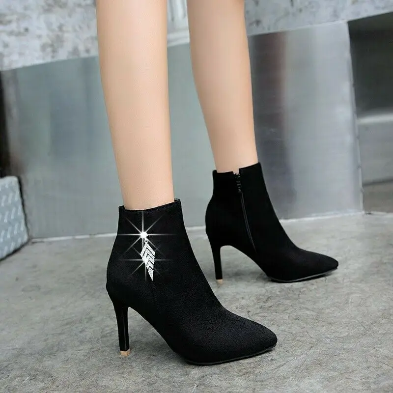 

Women Smart Office OL Office Pointy Toe Stilettos Heel Rhinestone Ankle Boots