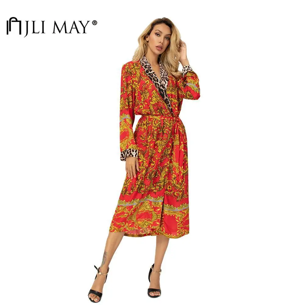 

JLI MAY Women Print Dresses Autumn Patchwork Leopard V-Neck Long Sleeve Bandage Empire A-Line Mid-Calf Dress