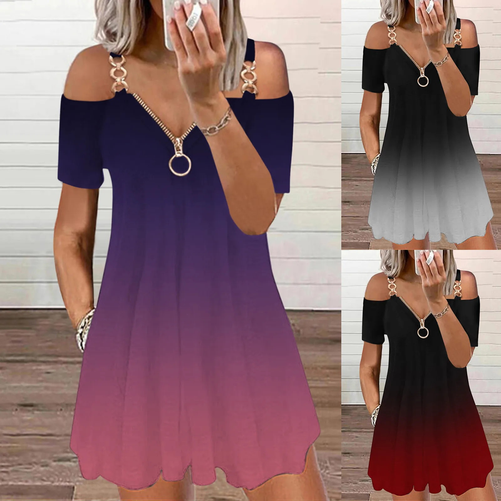 

Gradient V-Neck Zipper Dress Women 2021 Summer Dresses Camisole SlingCasual Short Sleeve Loose Temperament Party Midi Dress A50