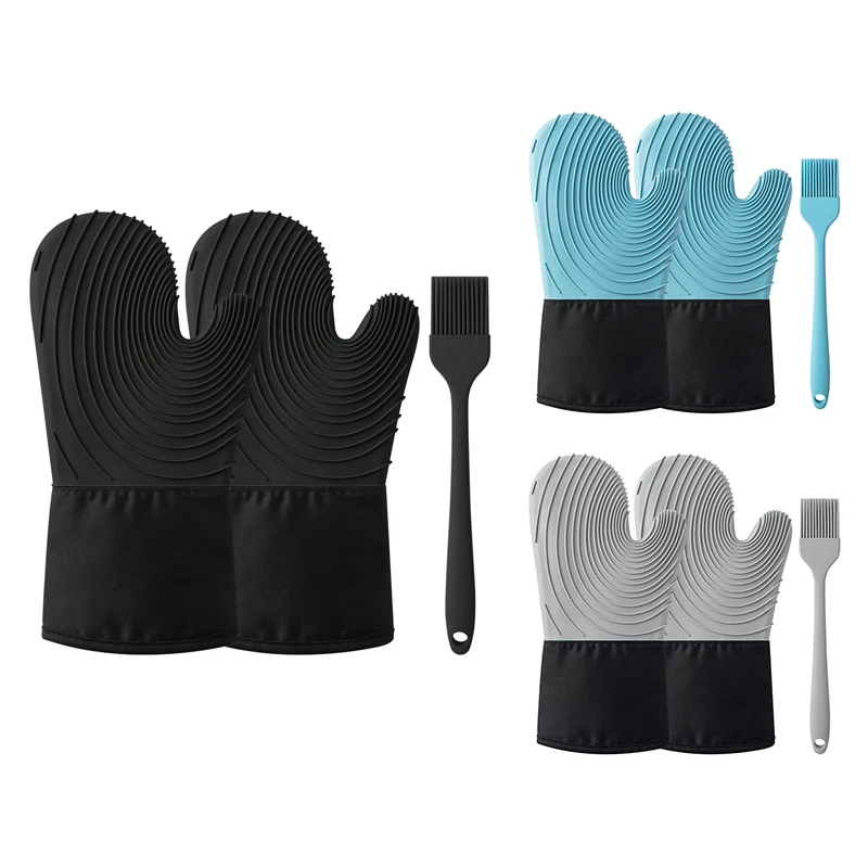 

Силиконовые варежки для духовки, термостойкие толстые перчатки для духовки, водонепроницаемые варежки, 1 пара с 1 силиконовой щеткой