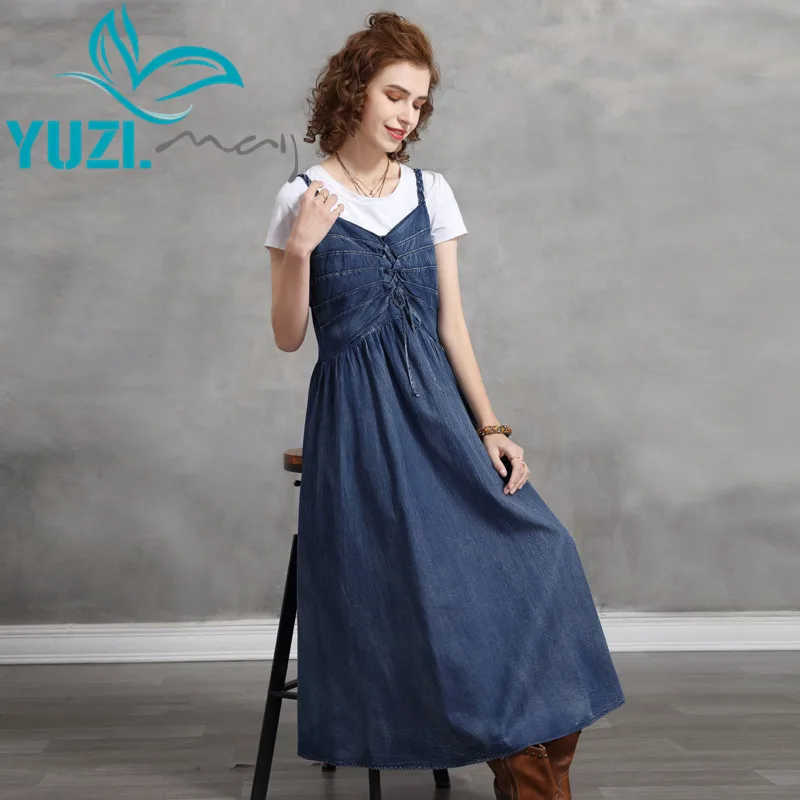 Summer Dress 2021 Yuzi.may Boho New Denim Women Dresses Spaghetti Strap Vestidos Back Buttons A82303 Suspender Vestido