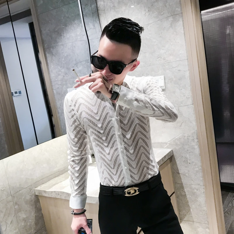 Transparent Shirt Summer Short Sleeve Shirt Camisa Hombre Stitching Stripe Shirt See Through Shirt Men Chemise Homme Marque Luxe