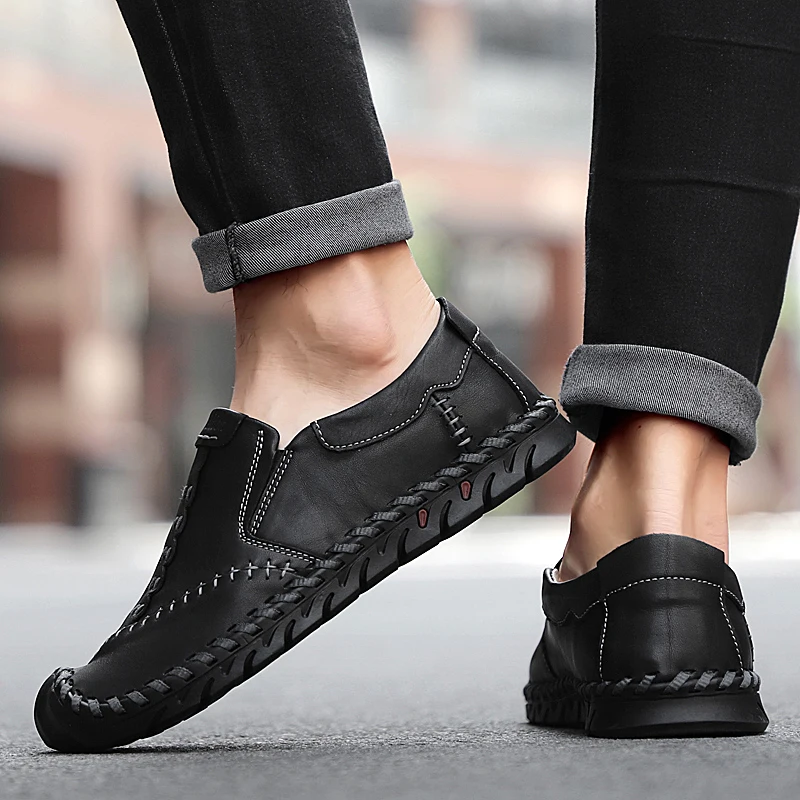 Мокасины мужские из натуральной кожи туфли с круглым носком лоферы повседневная