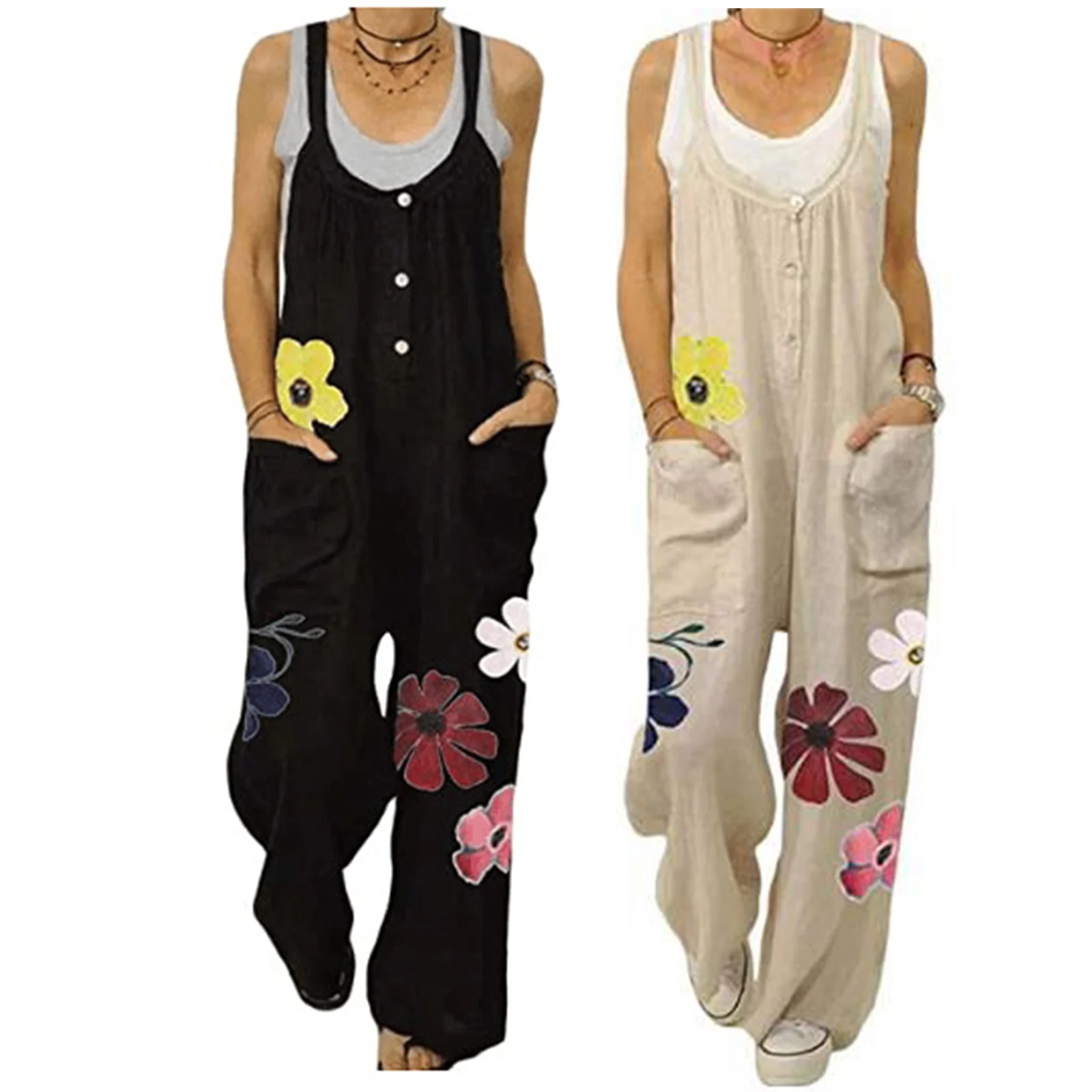 

Женский Повседневный комбинезон, Свободный комбинезон без рукавов с широкими штанинами на подтяжках, летние шаровары в стиле бохо с цветоч...