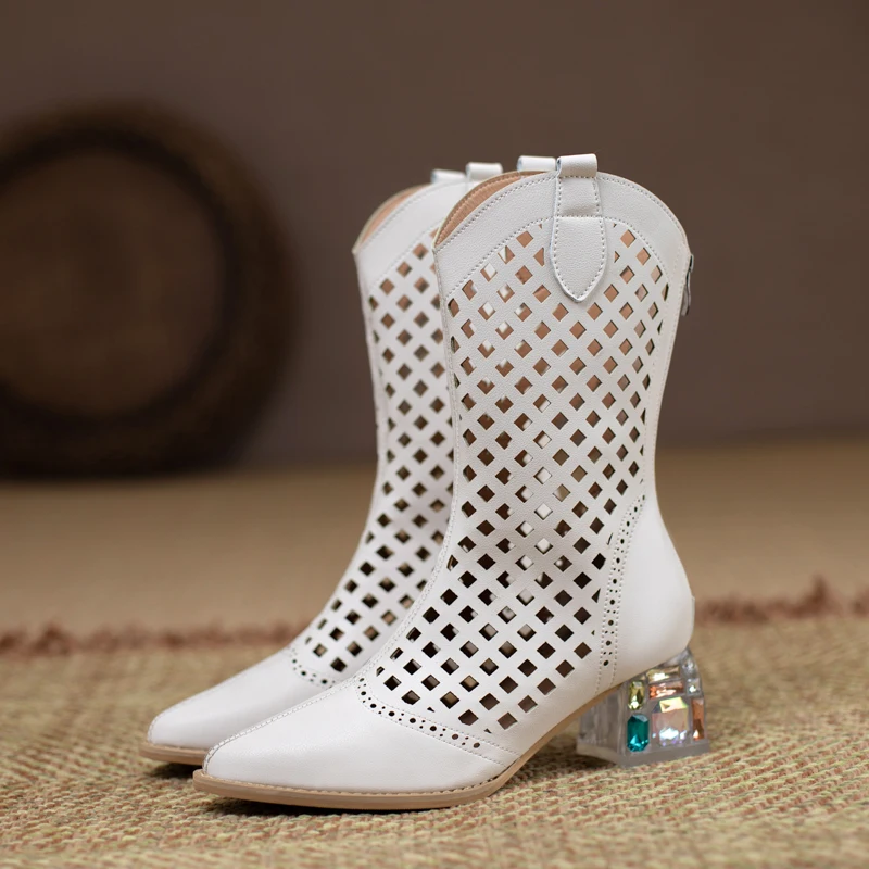 

Ethnic Point Toe Retro Female Cool Boots Shoes For Women Crystal Square High Heels Western Black White Hollow Out Boots Summer