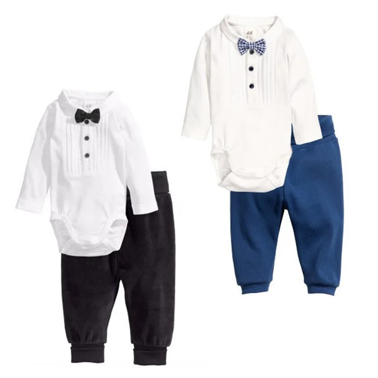 

2021 Baby's Sets Long Sleeve Toddler Rompers+Pants Cotton Bow Tie Gentleman Costumes Infant Newborn Boys Clothes